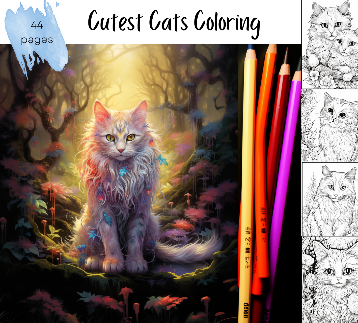 Adult Coloring Book | Cutest Cats Coloring Pages | Instant Download | Stress Relieving Craft | Printable Grayscale | Gifts For Cat Lovers