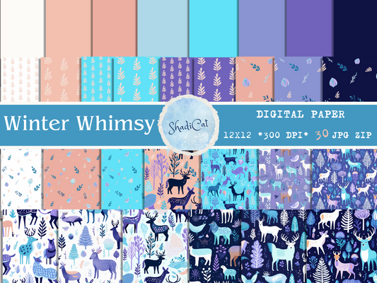 Winter Animal Digital Paper Seamless Patterns in Teal, Blue, Purple & Tan, Commercial Use