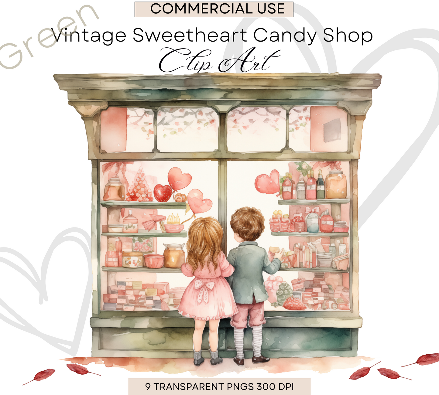 Watercolor Cute Valentines Candy Shop Clipart, 9 PNG Clipart, Green Valentines Day Bundle, Valentines Candy Heart, Commercial Use