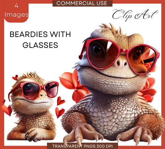 Bearded Dragon PNGs | Lizard Love | Cute Beardies Glasses Clip art | Watercolor | Instant Download  | Valentines Clipart  | Commercial Use