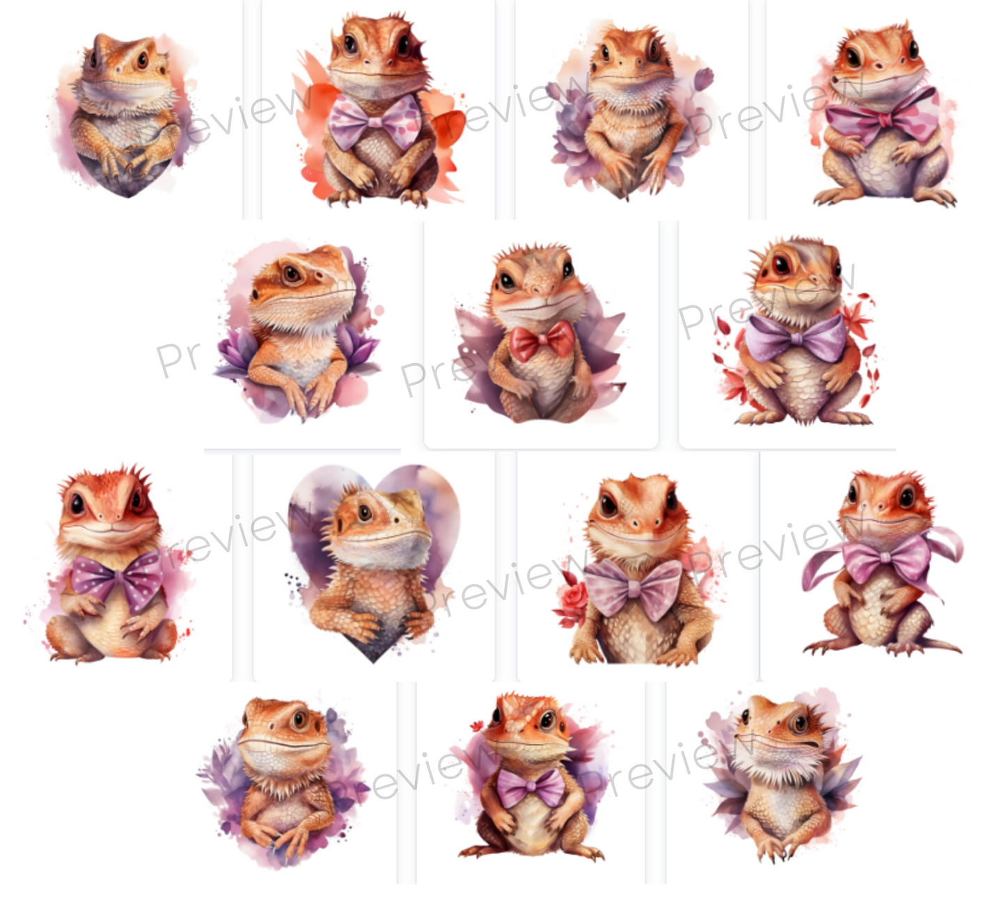 Baby Bearded Dragon PNG | Gecko | Lizard Love | Cute Beardies with Bows Clip art | Watercolor Clipart | Valentines Clipart  | Commercial Use