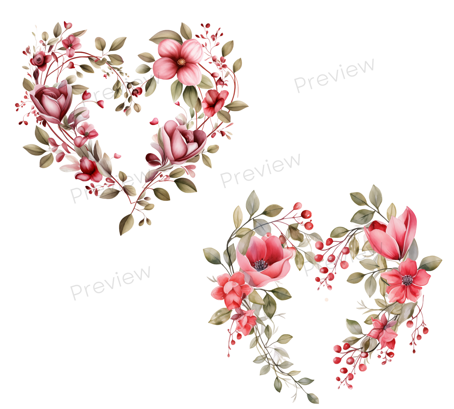 Watercolor Valentines Heart Wreath Clipart, 19 PNG Valentines Day Wildflower Clipart, Valentines Day PNG, Love Branch Wreath, Commercial Use