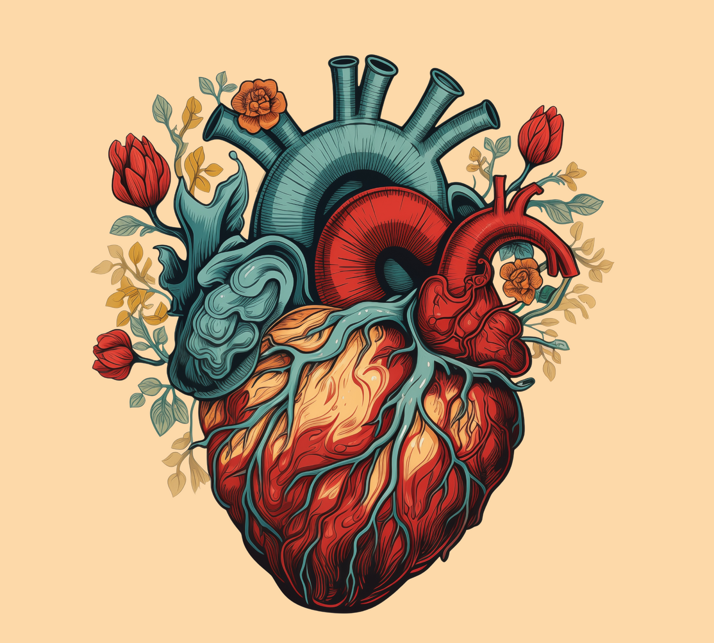 Floral Anatomical Heart | Medical Clip Art | Anatomical Heart PNG | Retro Color Clipart | Botanical Heart | Heart Anatomy  | Commercial Use