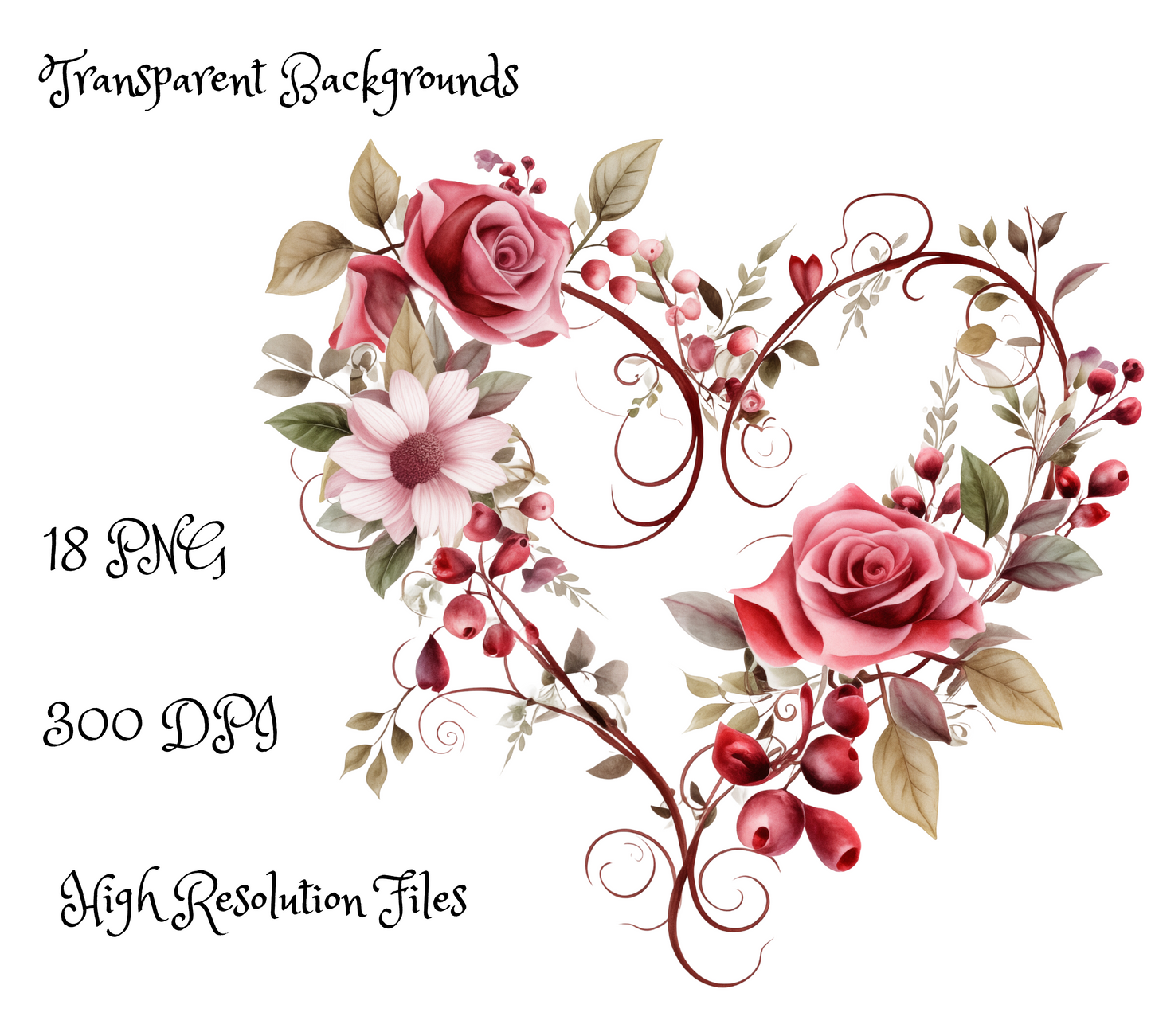 Watercolor Valentines Heart Wreath Clipart, 19 PNG Valentines Day Wildflower Clipart, Valentines Day PNG, Love Branch Wreath, Commercial Use