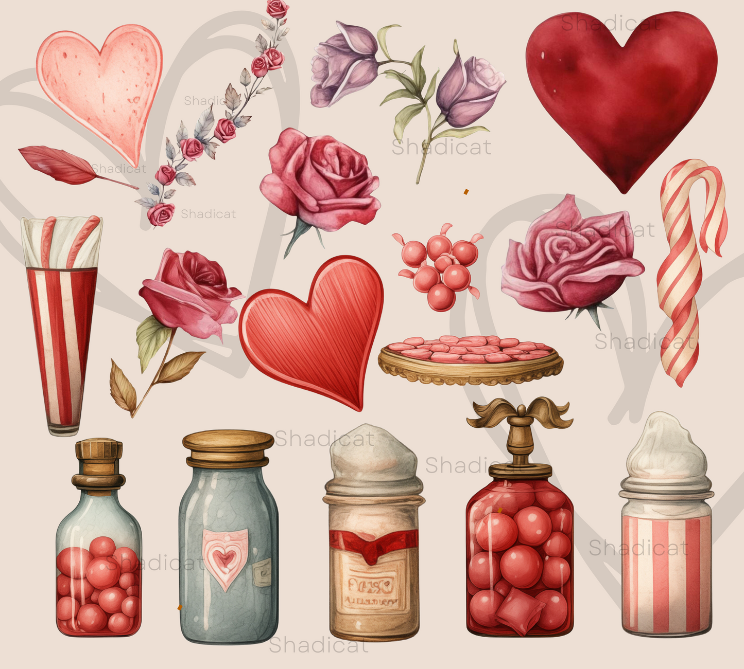 Watercolor Cute Valentines Candy Shop Clipart, 25 PNG Clipart, Pink Valentines Day Bundle, Valentines Candy Heart, Commercial Use