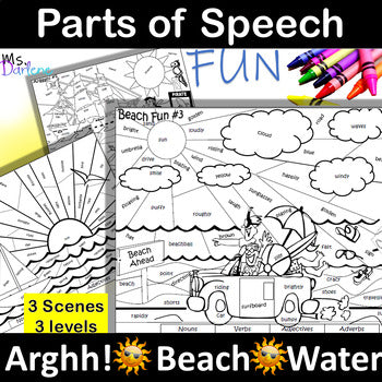 Arghh!-Beach-Water~Parts of Speech~3 Levels Summer Coloring~Noun/Verb/Adj/Adv