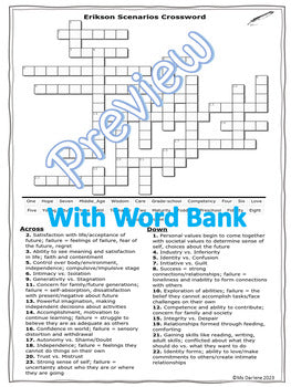Erik Erikson Stages 3 Ways Crossword With/Without Word Bank~Psychology~NO PREP