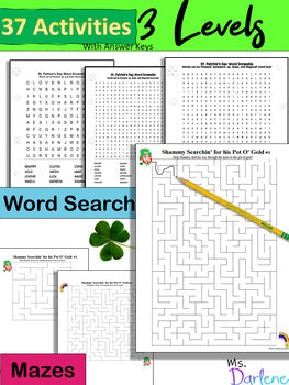 St. Patrick's Activity Pack~Word Search~Maze~Unscramble~Math~3 Levels~NO PREP