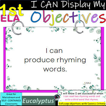1st Grade ELA~I Can Display My Objectives! Eucalyptus Border TEKS~SUCCESS Criteria