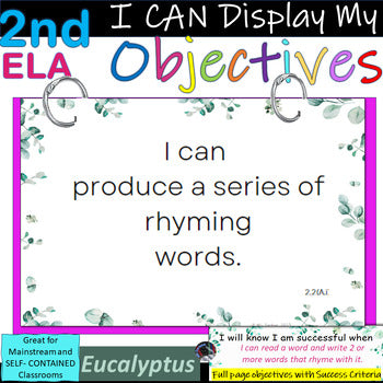 2nd Grade ELA~I Can Display My Objectives! Eucalyptus Border~TEKS~SUCCESS Criter