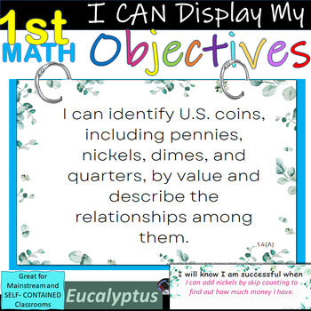 1st Grade MATH~I Can Display My Objectives! Eucalyptus Bordr~TEKS~SUCCESS Criter