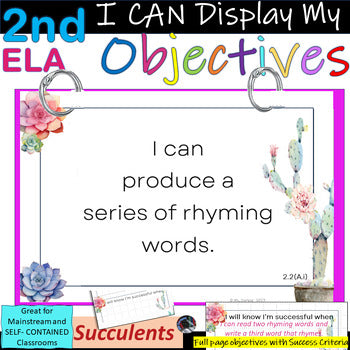 2nd Grade ELA~I Can Display My Objectives! TEKS~Succulents~SUCCESS Criteria