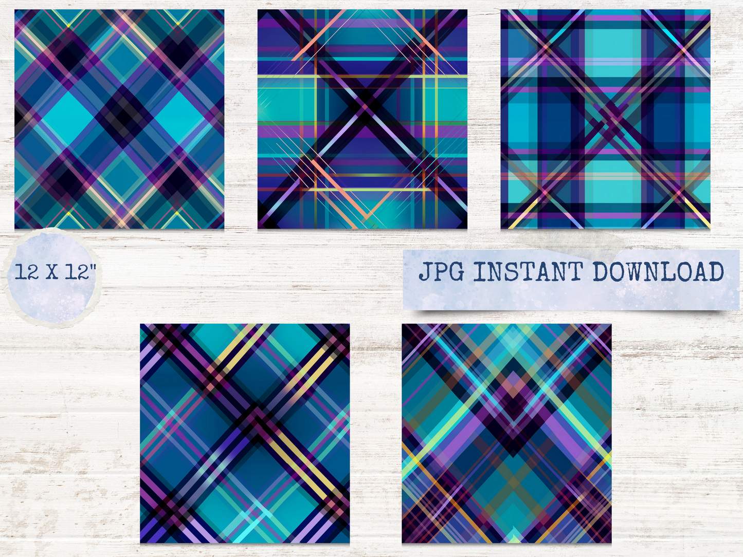 Seller Design Tools~TARTAN Digital Paper~Teal Blue Purple Tan~Commercial Use