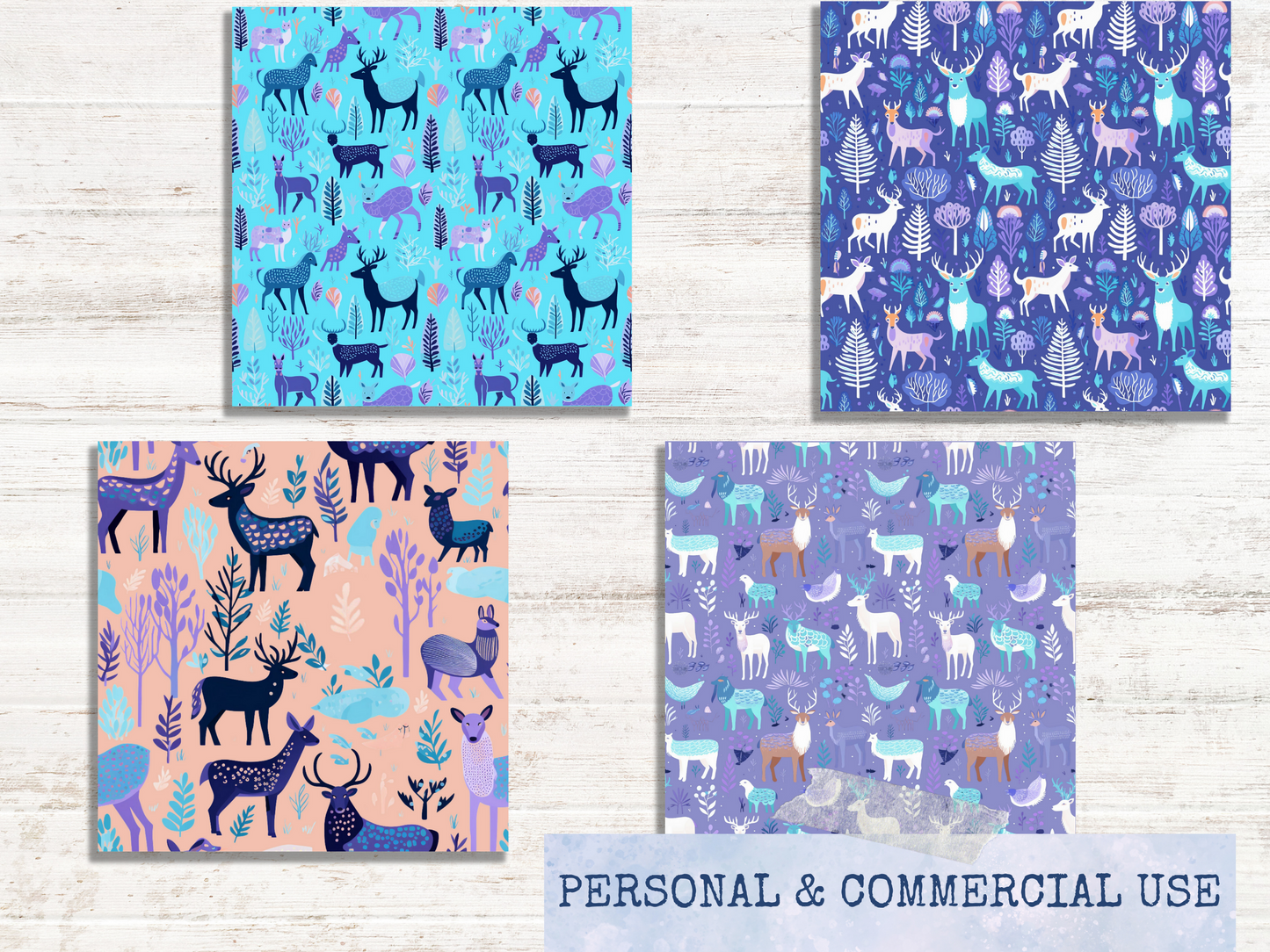 Winter Animal Digital Paper Seamless Patterns in Teal, Blue, Purple & Tan, Commercial Use