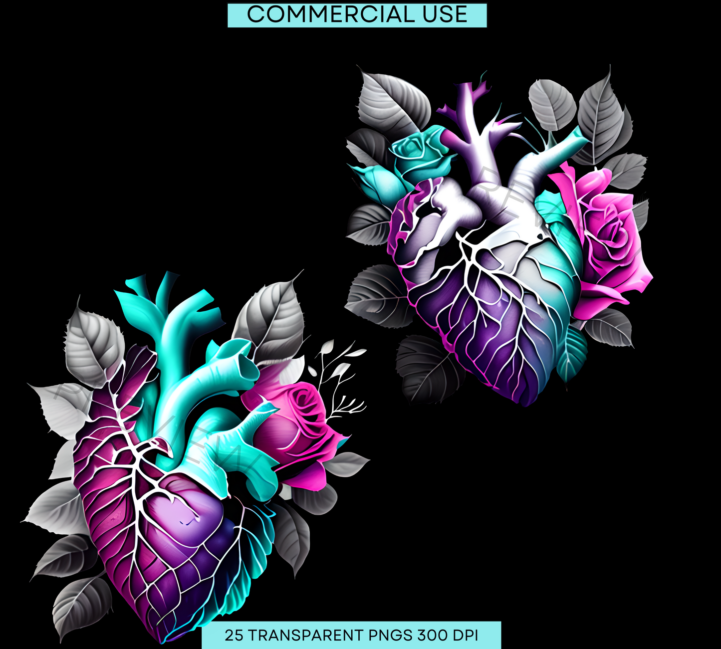 Human Heart | Anatomy Clipart | Heart Clipart | Teal & Tan Floral Heart Graphics | Anatomic Heart | Clip Art | Medical Png| Commercial Use