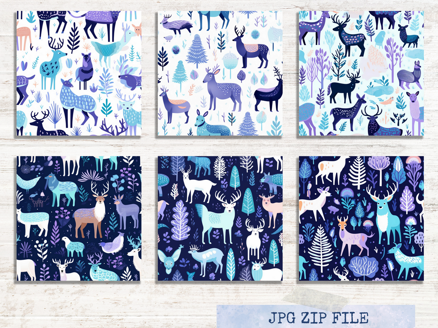 Winter Animal Digital Paper Seamless Patterns in Teal, Blue, Purple & Tan, Commercial Use