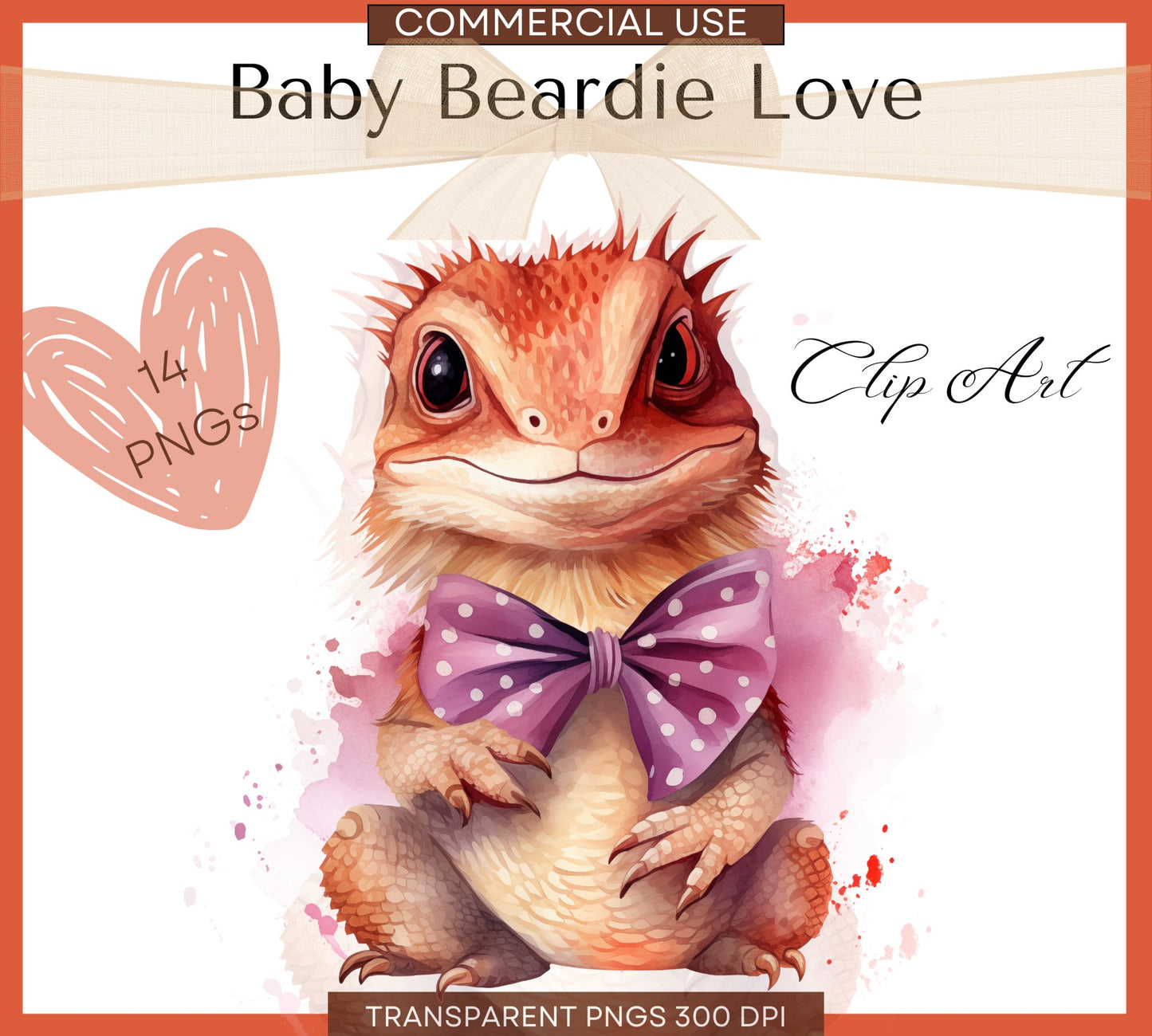 Baby Bearded Dragon PNG | Gecko | Lizard Love | Cute Beardies with Bows Clip art | Watercolor Clipart | Valentines Clipart | Commercial Use - Shaddoze Designs by Darie