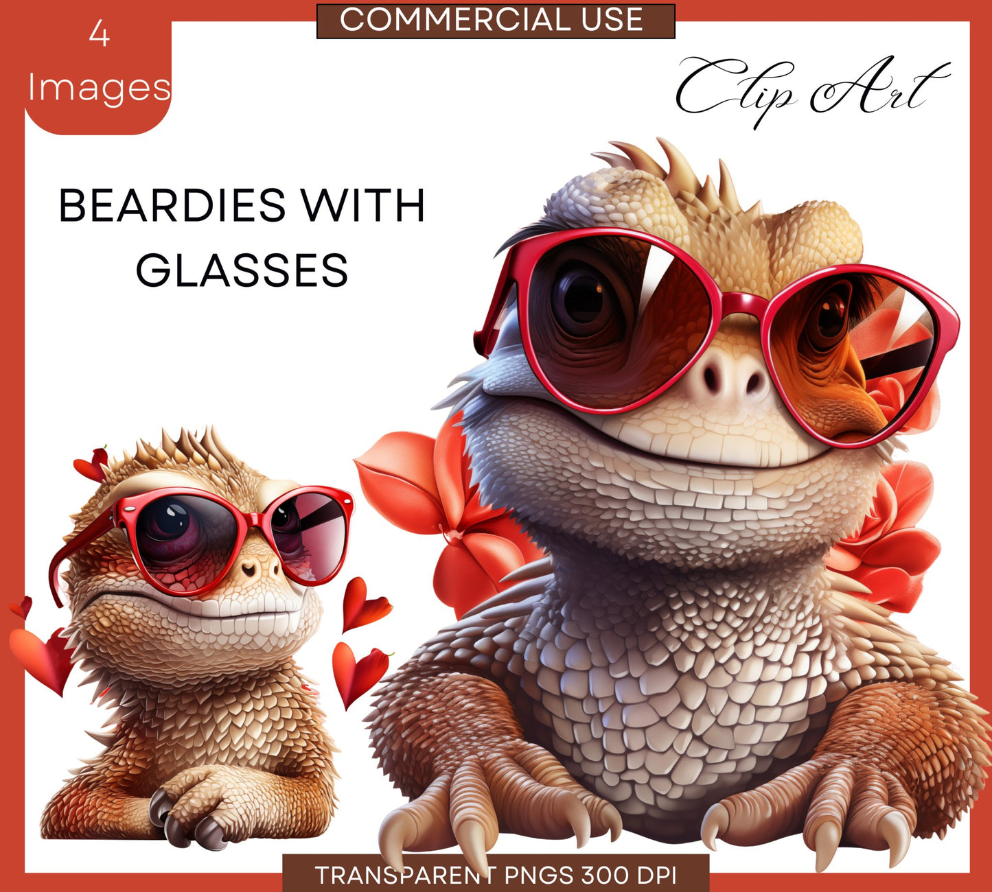 Bearded Dragon PNGs | Lizard Love | Cute Beardies Glasses Clip art | Watercolor | Instant Download | Valentines Clipart | Commercial Use - Shaddoze Designs by Darie