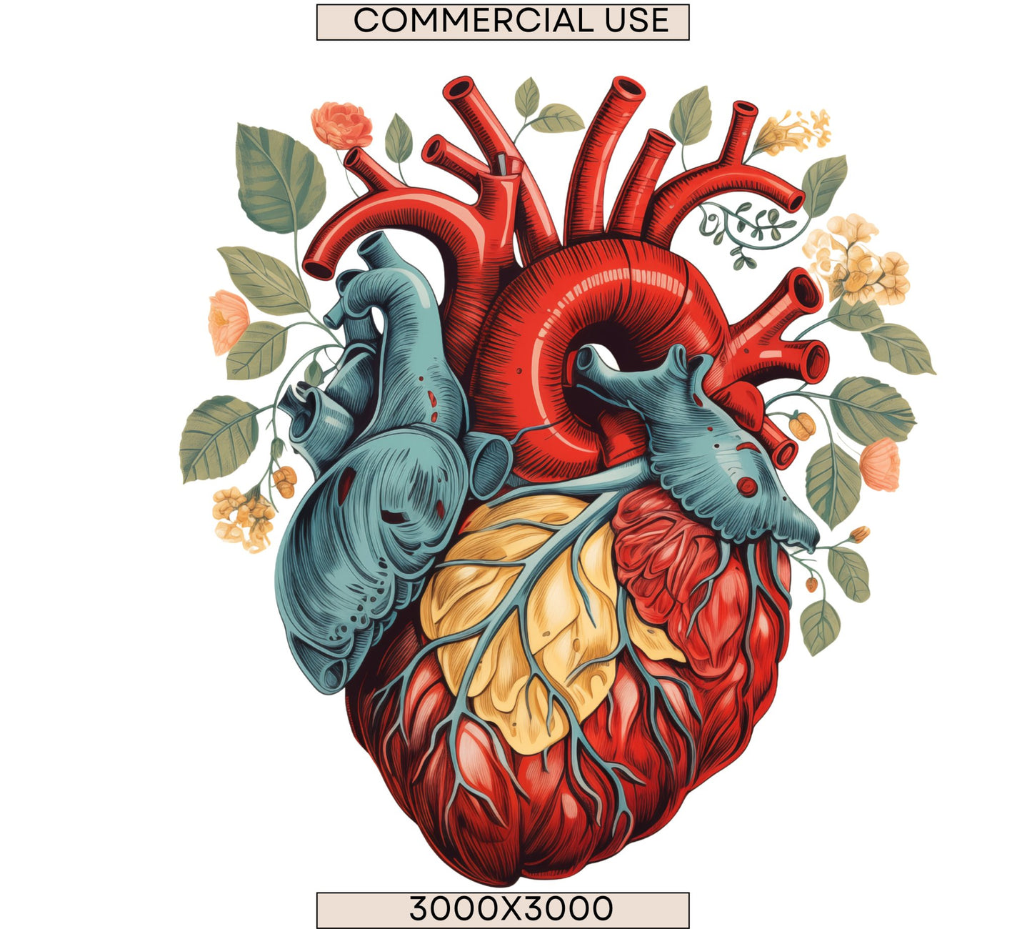 Floral Anatomical Heart | Medical Clip Art | Anatomical Heart PNG | Retro Color Clipart | Botanical Heart | Heart Anatomy | Commercial Use - Shaddoze Designs by Darie