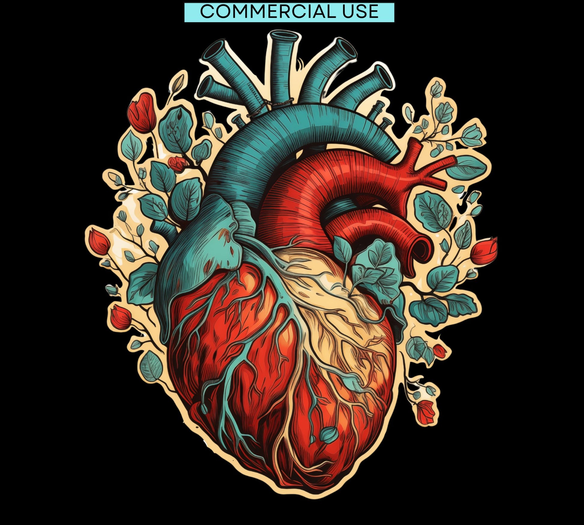 Floral Anatomical Heart | Medical Clip Art | Anatomical Heart PNG | Retro Color Clipart | Botanical Heart | Heart Anatomy | Commercial Use - Shaddoze Designs by Darie