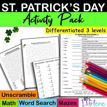 St. Patrick's Activity Pack~Word Search~Maze~Unscramble~Math~3 Levels~NO PREP - Shaddoze Designs by Darie